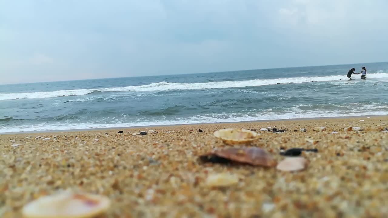 贝壳在海滩。海滩上的贝壳摄影。海滩上的贝壳。蓝色的大海，海浪和海滩。碧波荡漾，碧波荡漾。蓝色阳光明媚的海滩视频素材