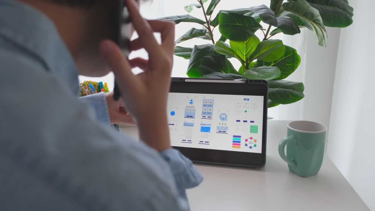 年轻的ui设计开发人员，程序员在电话里谈论在数字平板电脑上编写移动应用原型，在家办公视频素材