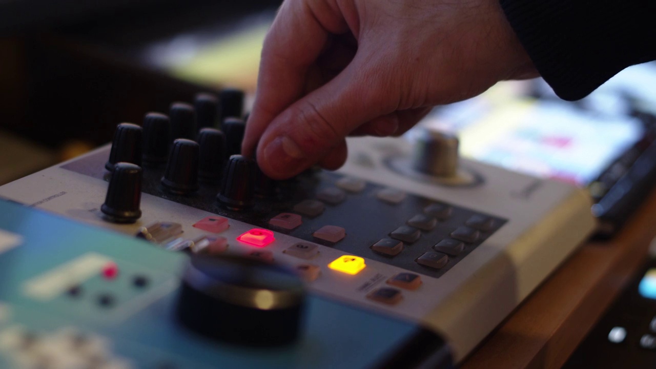 音乐家控制声卡接口调谐旋钮，用于精确控制演播室设备，乐器和音频通道视频素材