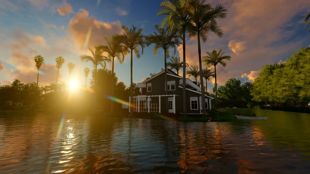 房子被水和棕榈树环绕视频下载