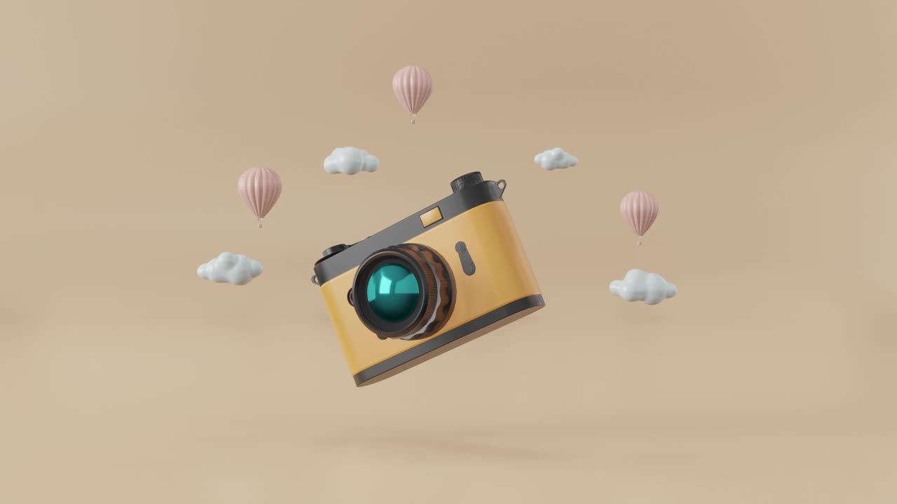 3D动画复古相机在空中与云彩和气球。视频下载