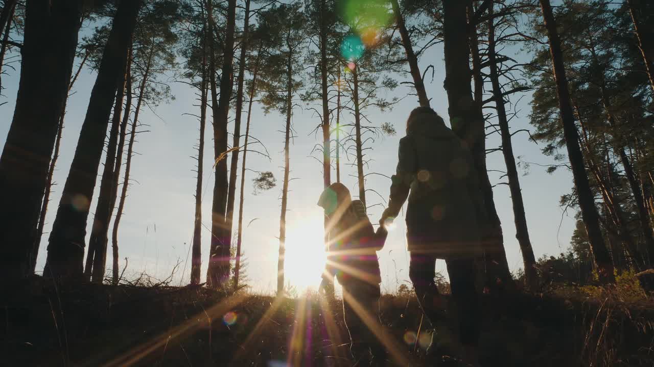 一个女人和一个孩子穿过森林的剪影视频素材