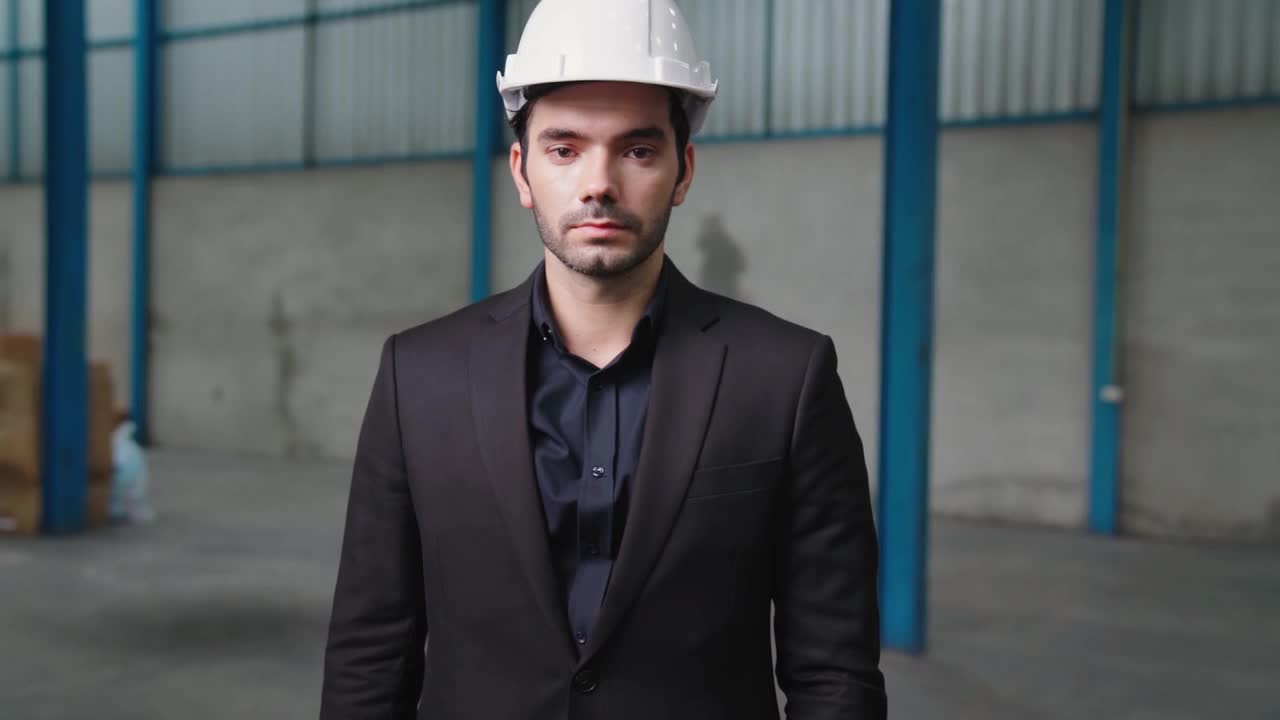 肖像自信的工厂经理穿着西装和安全帽视频下载