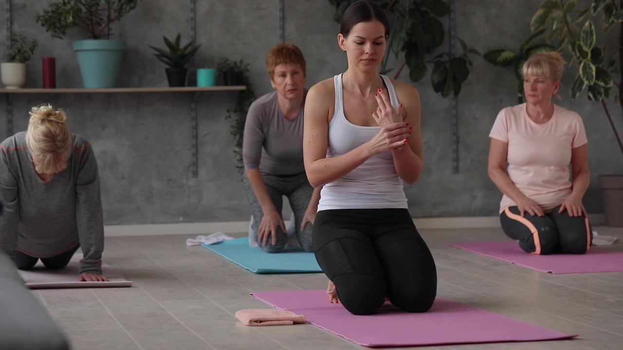 瑜伽教练和三个高级女性在瑜伽馆做瑜伽视频下载
