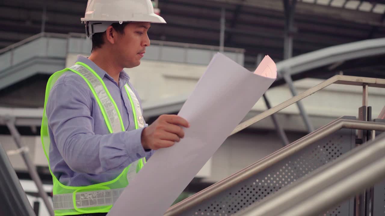 土建工程师在施工现场检查建筑师图纸。视频素材