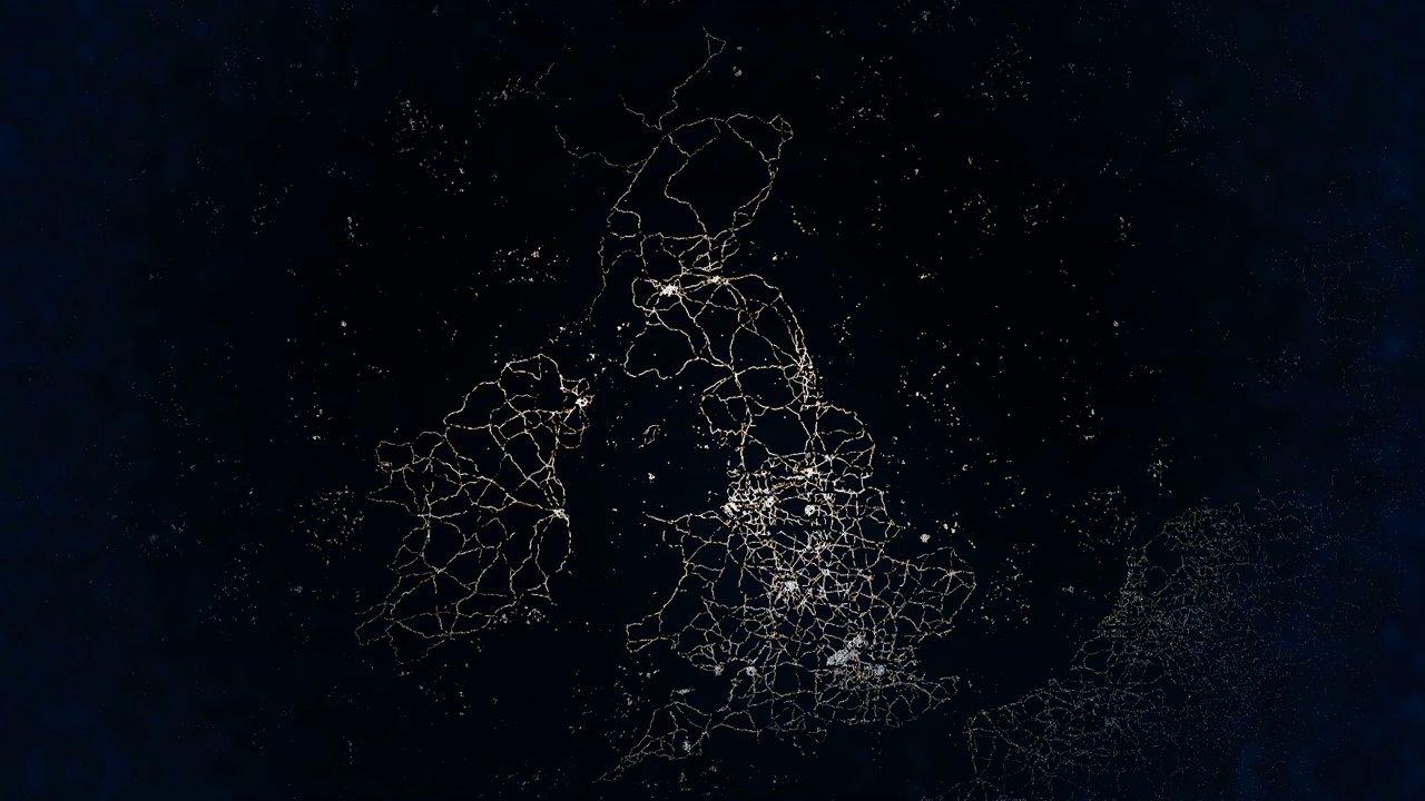 英国地图。城市灯光的晨光。来自太空的夜景。视频素材