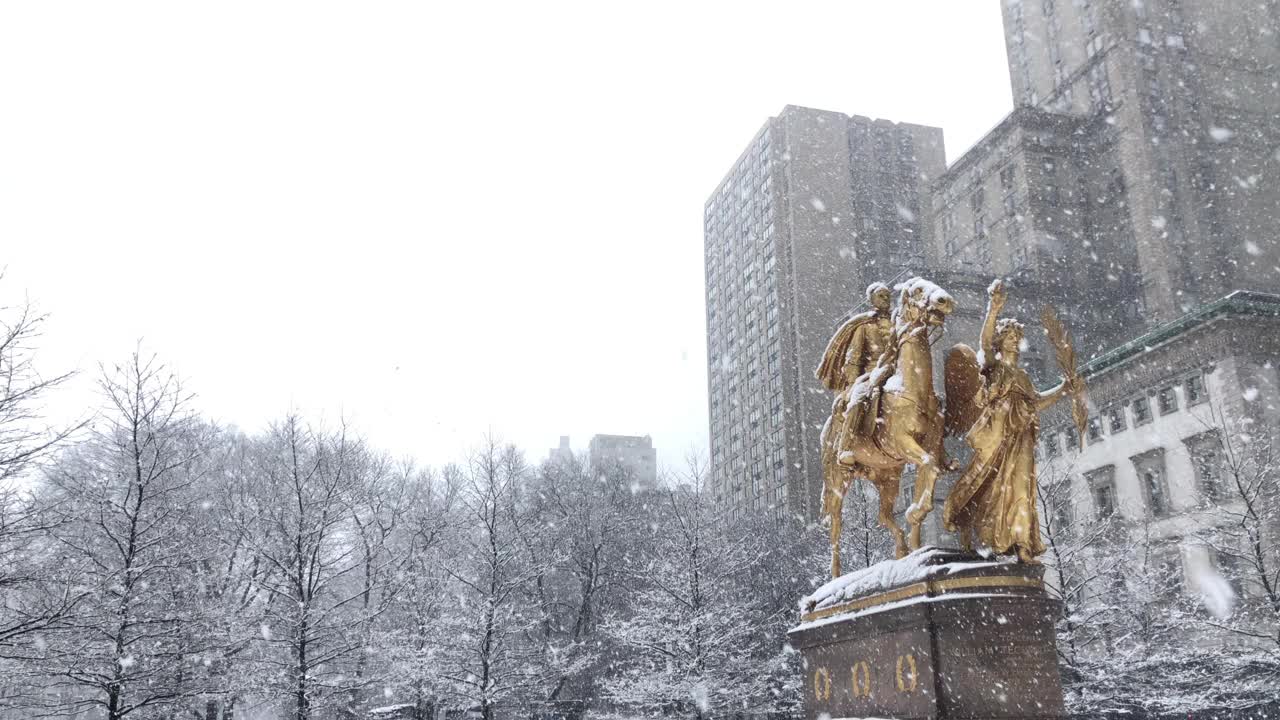 雪中央公园-天空，纪念碑，和建筑物视频素材