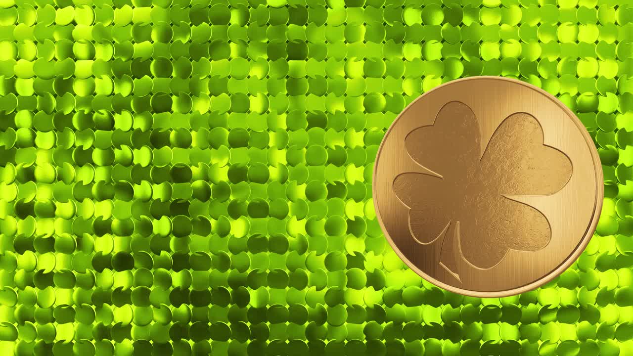 4K圣帕特里克节象征马蹄金背景。三叶草的运气。帕特里克戴硬币与三叶草叶。派翠克日酒吧派对。视频下载