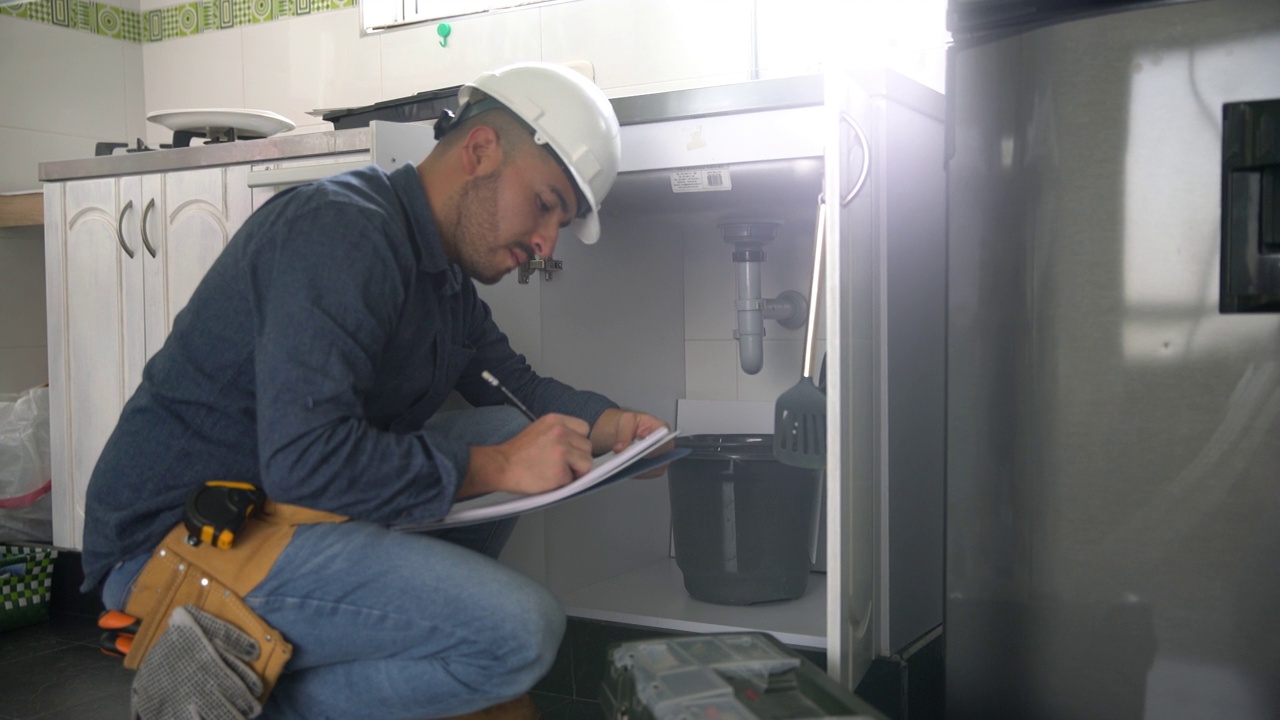英俊的水管工检查清单和厨房水槽在一个家庭装修项目视频素材