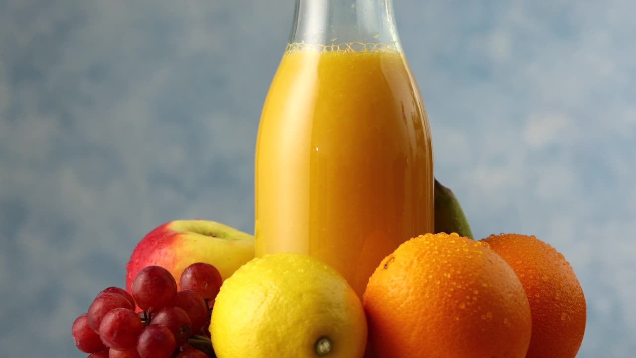 关闭旋转瓶鲜榨果汁和各种五颜六色的水果视频下载