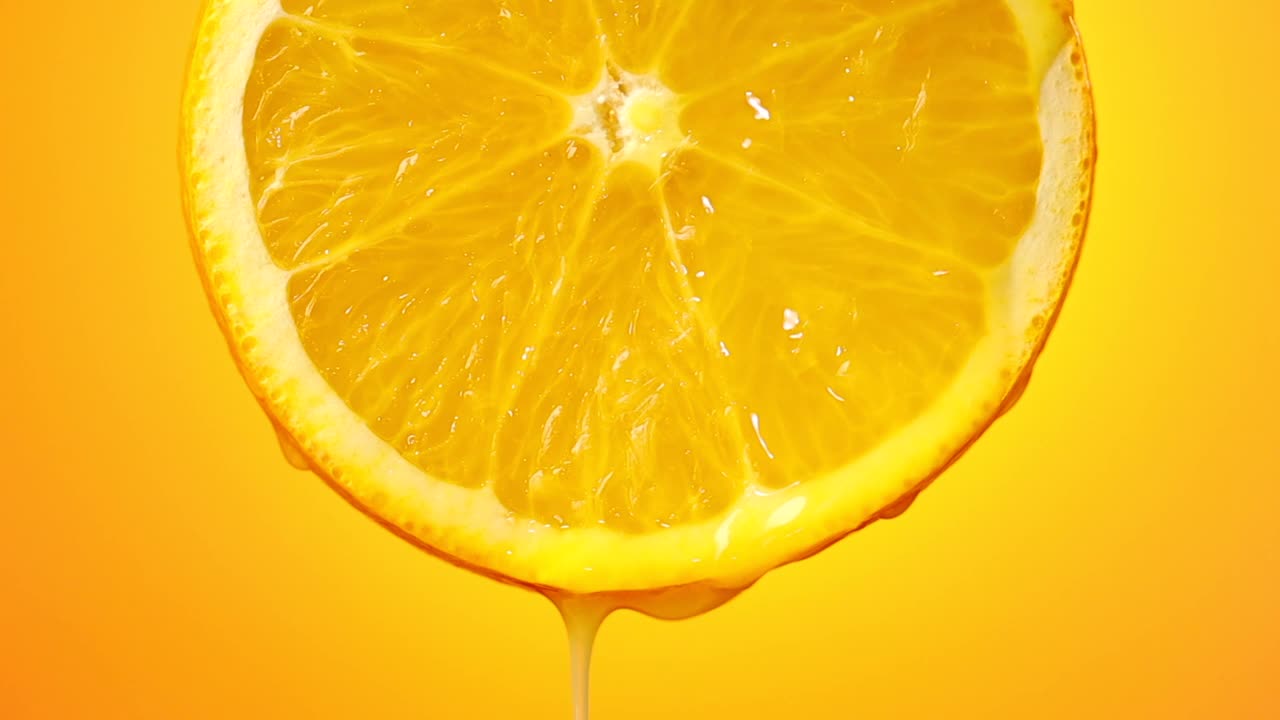 鲜榨橙汁流从成熟的水果片近距离在一个橙色的背景视频素材