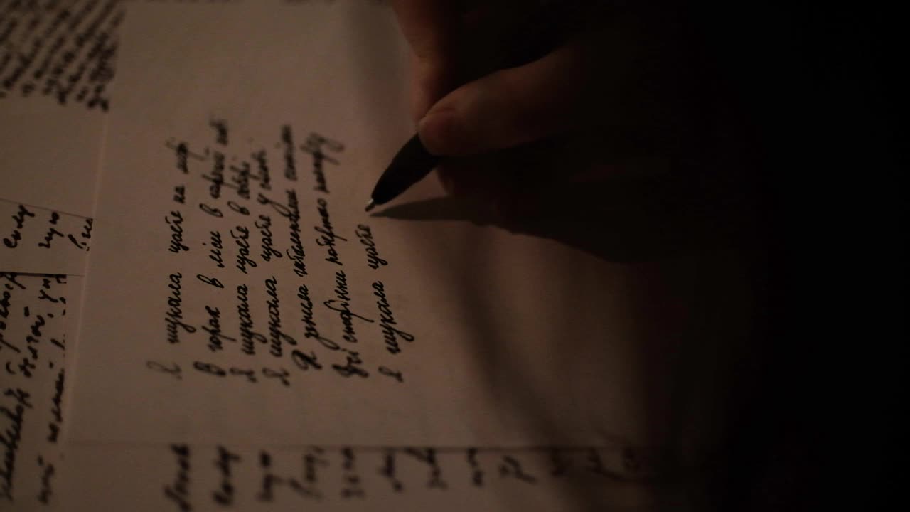 女作家穿着睡袍，在黑暗的房间里，点着蜡烛写诗视频素材
