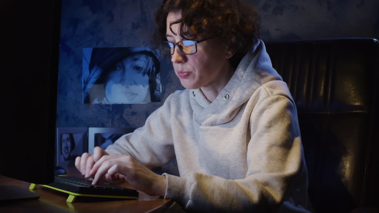 女人在暗室里对着电脑工作视频下载