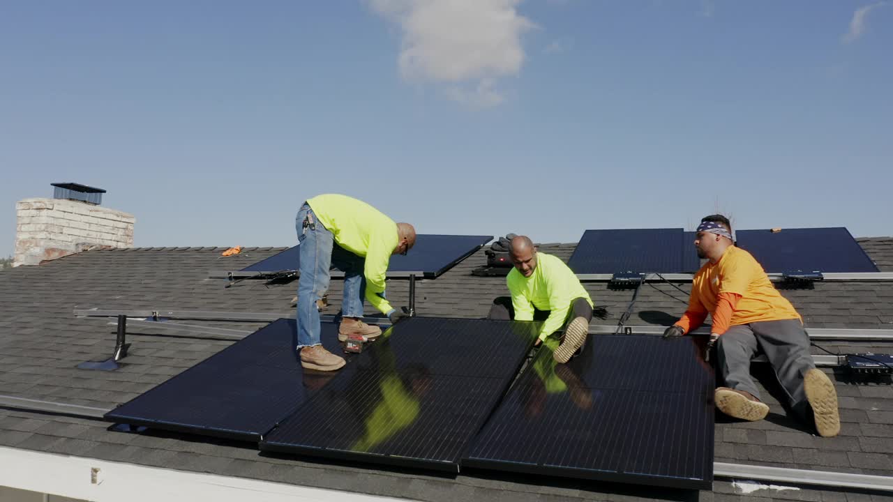 在加利福尼亚的住宅屋顶安装太阳能电池板的工人团队视频下载