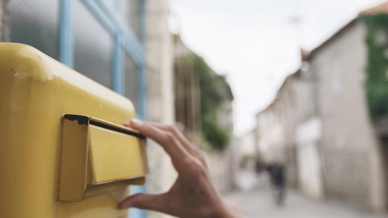 一位女士正在把一封蓝色的信投进一个黄色的信箱视频素材