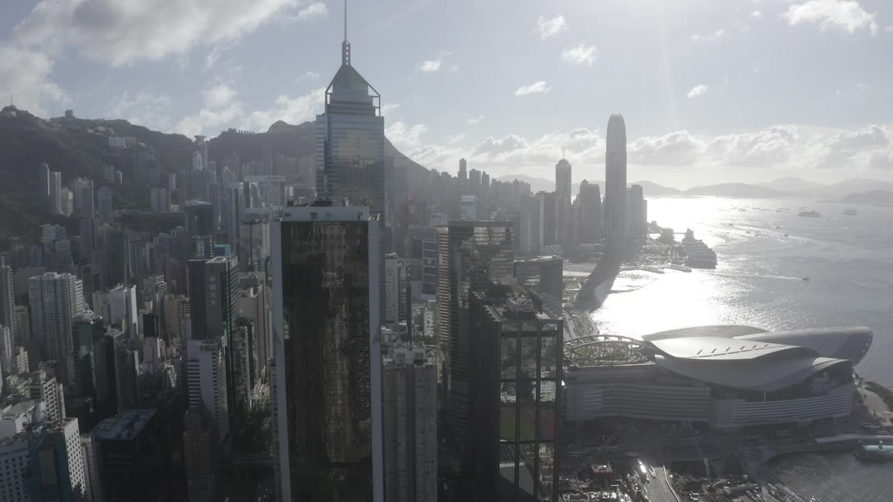 描述未分级的10位DLog-M航拍香港城市天际线视频素材