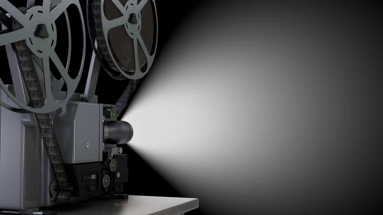 空的放映机屏幕和在黑色背景上播放电影的旋转胶片视频下载