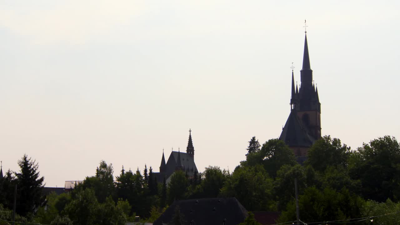 德国莱茵河地区，一个德国小镇的教堂尖顶在明亮的灰色天空下的剪影，前景中有树视频下载