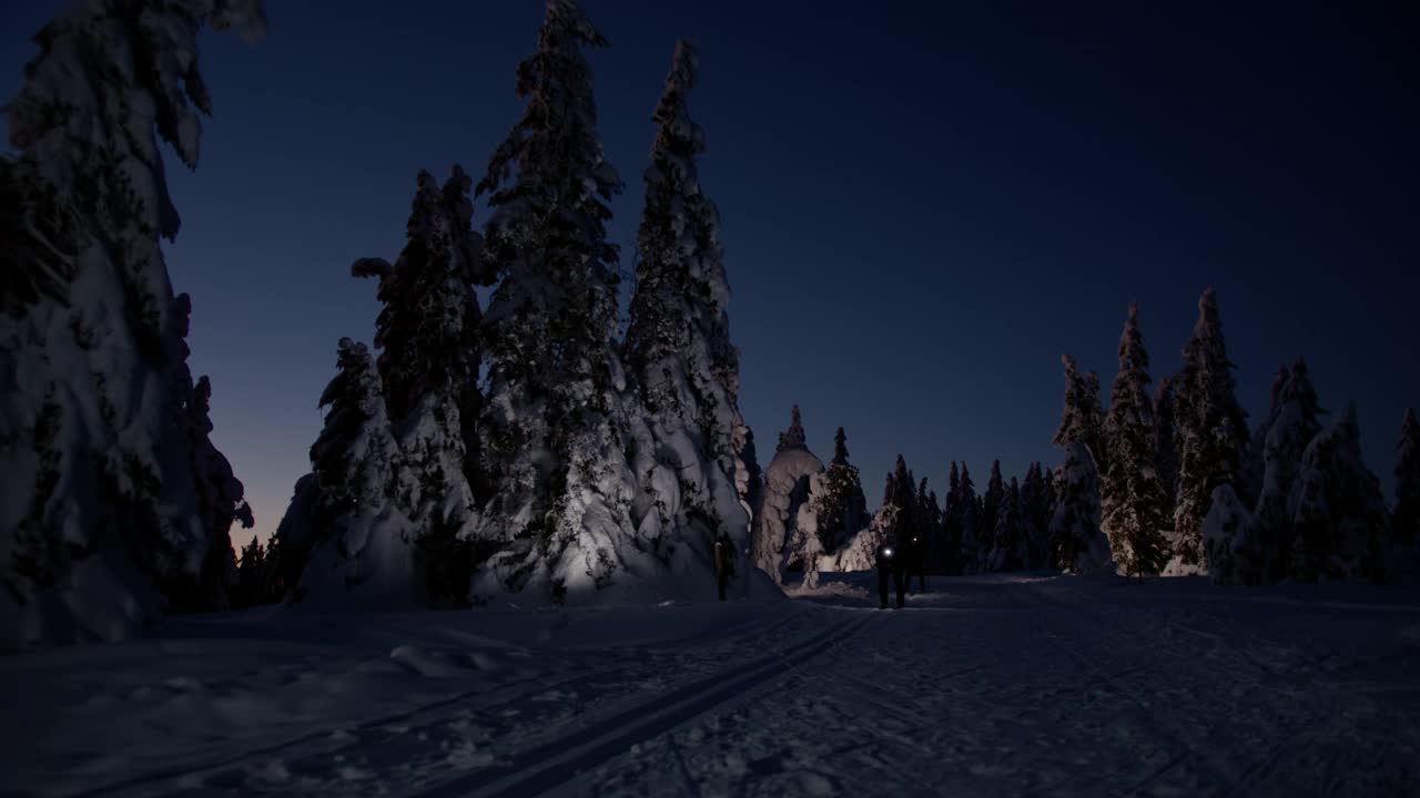SLO MO越野滑雪者在晚上用大灯滑雪视频素材