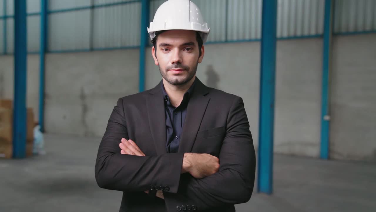 肖像自信的工厂经理穿着西装和安全帽视频下载