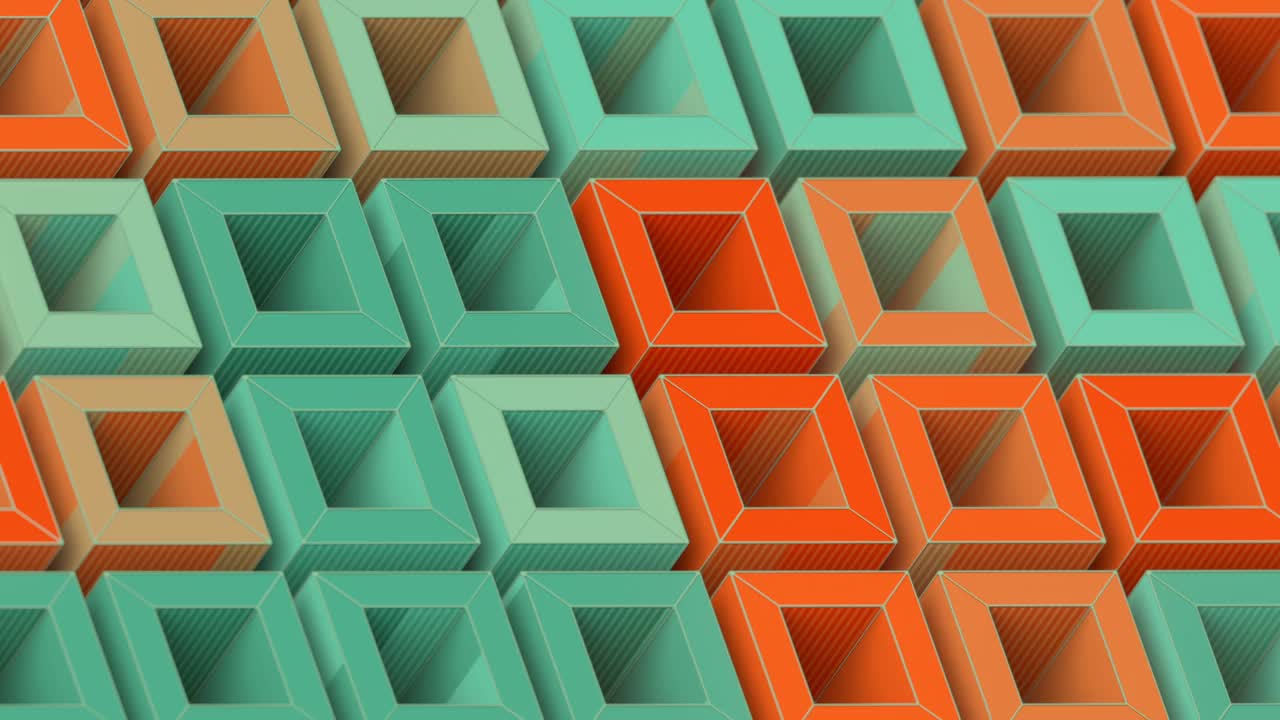 现代几何图案的循环旋转多色盒子与移动条纹纹理的边。3d渲染数字无缝循环动画。等距视图。景深高清视频下载