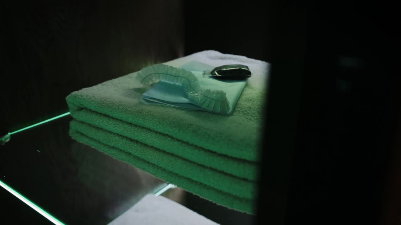 一摞摞干净的浴巾放在透明的架子上，用绿色的LED灯拍摄。视频素材