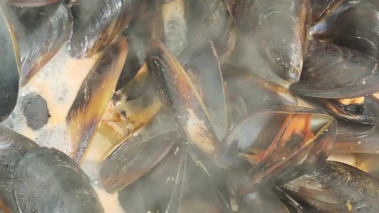 用蕃茄汁烹制海鲜贻贝视频素材