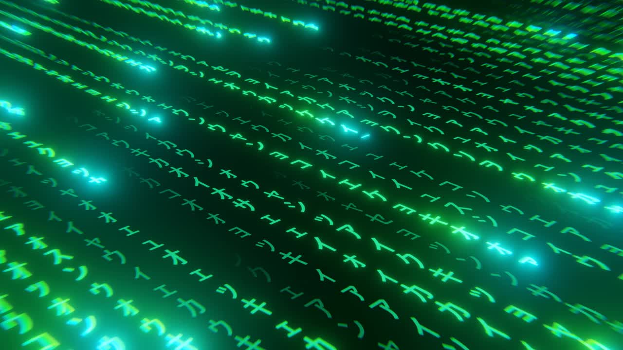 代码，二进制代码黑绿色背景与数字在屏幕上移动，数字时代的概念。算法二进制，数据编码，解密编码，行矩阵背景视频素材