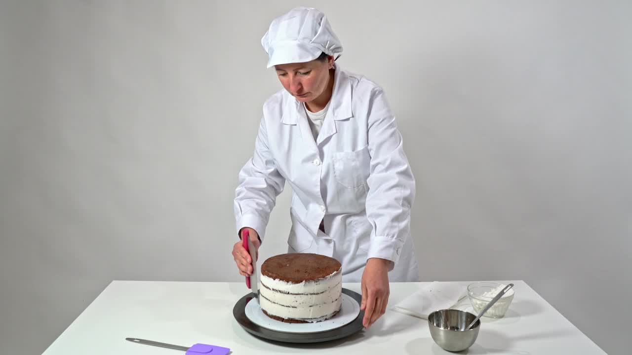 面包师通过旋转支架和使用抹刀来去除巧克力蛋糕边上多余的奶油。视频下载