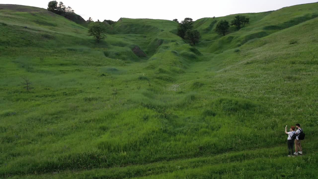 鸟瞰图的绿色峡谷和田野在夏季日落视频素材