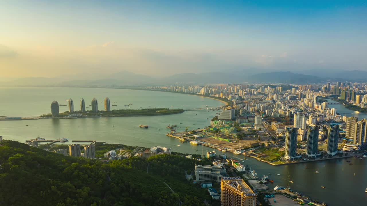 日落时间三亚城市风景岛屿航拍全景时间间隔4k中国视频下载