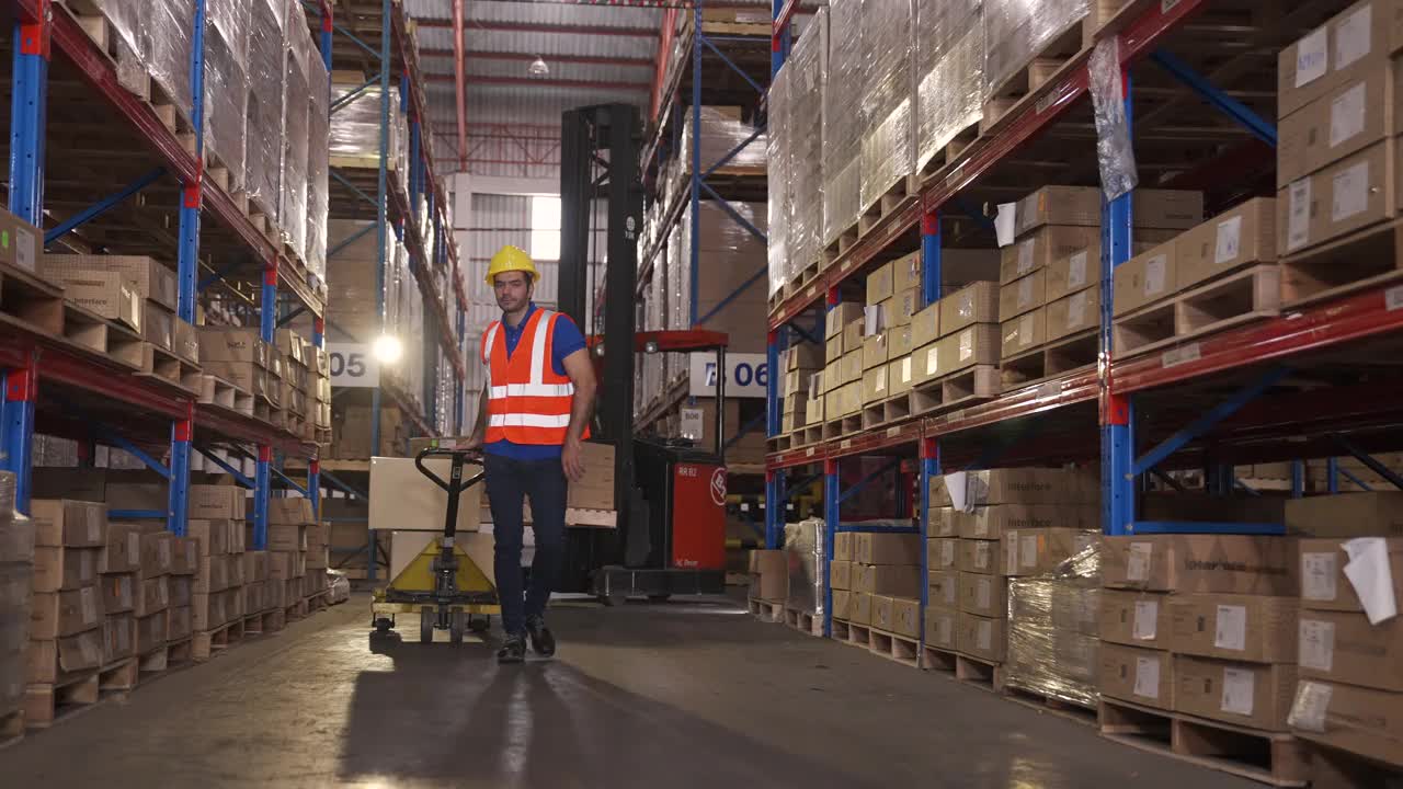 仓库工人将托盘装运的货物卸进卡车集装箱视频素材