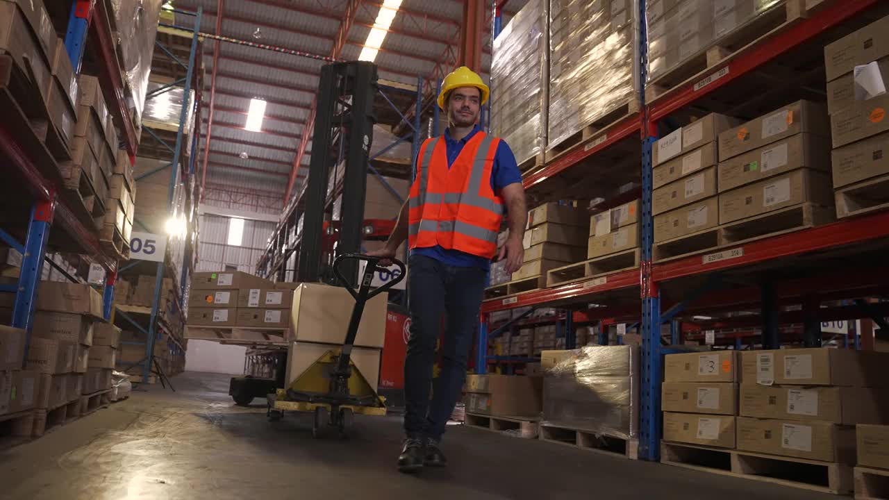 仓库工人将托盘装运的货物卸进卡车集装箱视频素材
