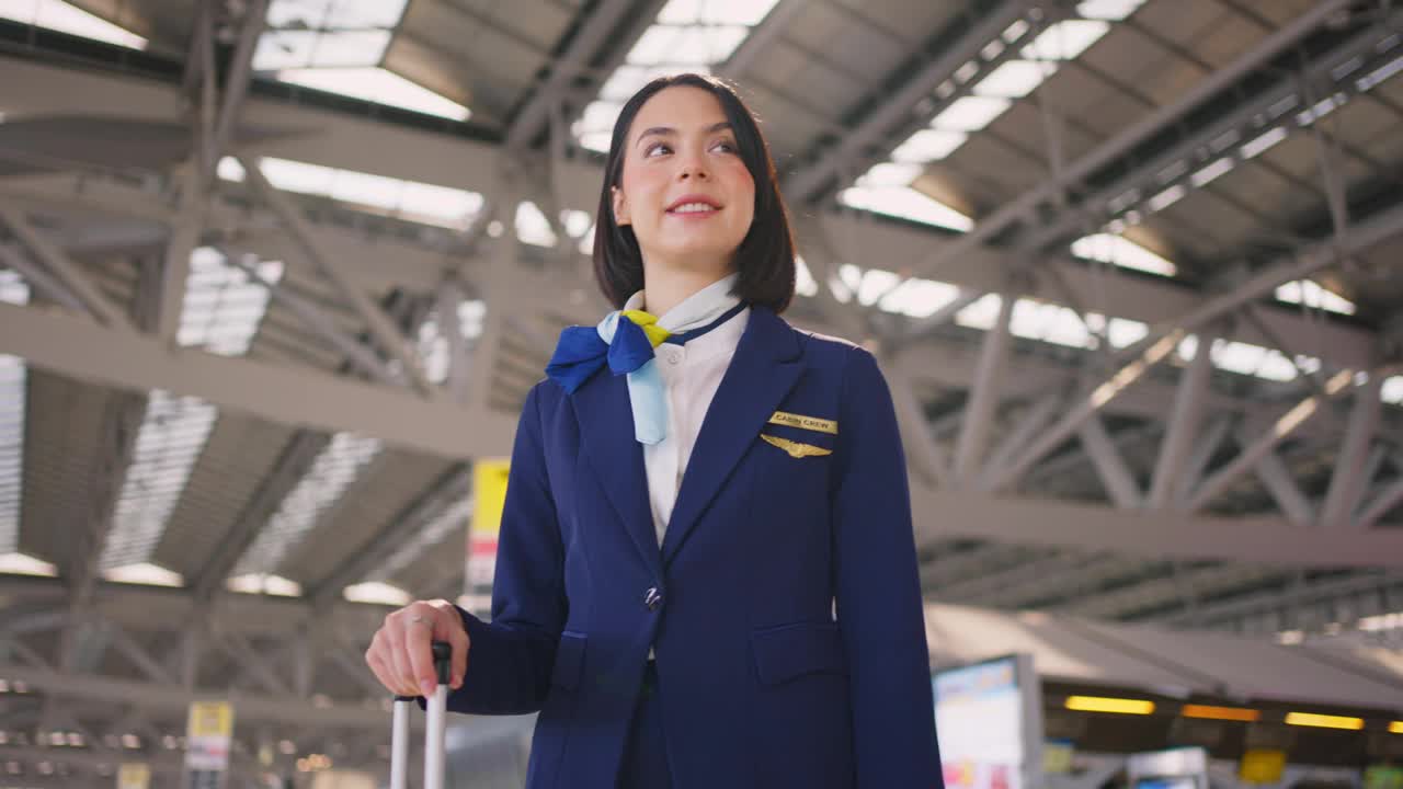 美丽的白种人空乘人员微笑着，带着自信的面容和幸福的心情走在机场航站楼的飞机上。空乘人员或女服务员职业概念。视频素材