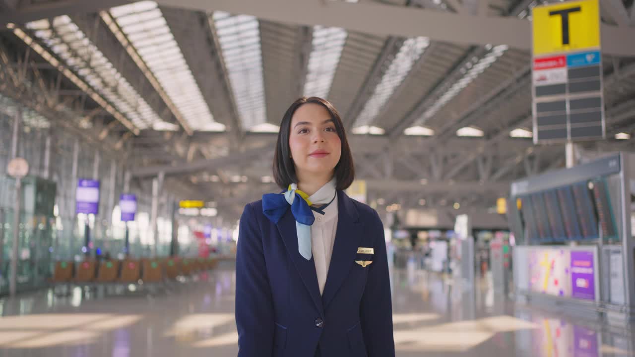 美丽的白种人空乘人员微笑着，带着自信的面容和幸福的心情走在机场航站楼的飞机上。空乘人员或女服务员职业概念。视频素材