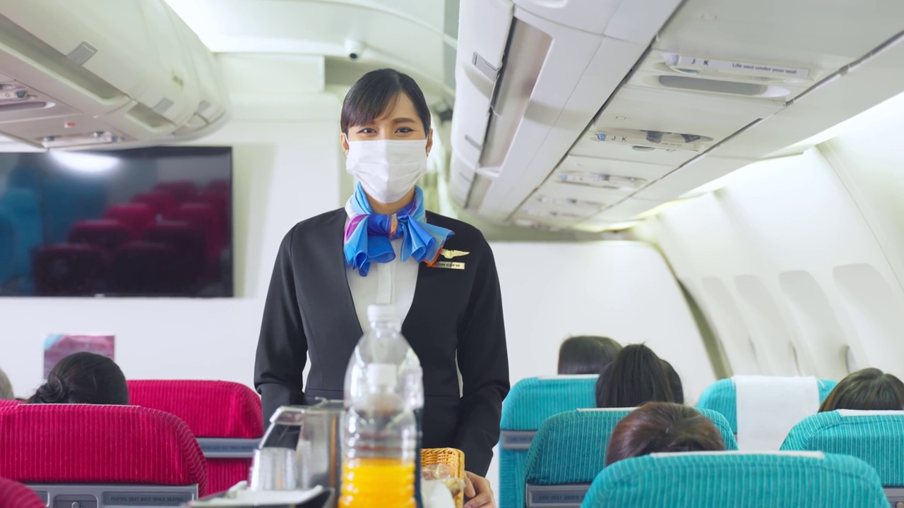 在飞行过程中，乘务人员在飞机上推服务车，为顾客提供服务。新常态下，空乘人员和所有乘客都要戴上口罩，以预防冠状病毒感染。视频下载