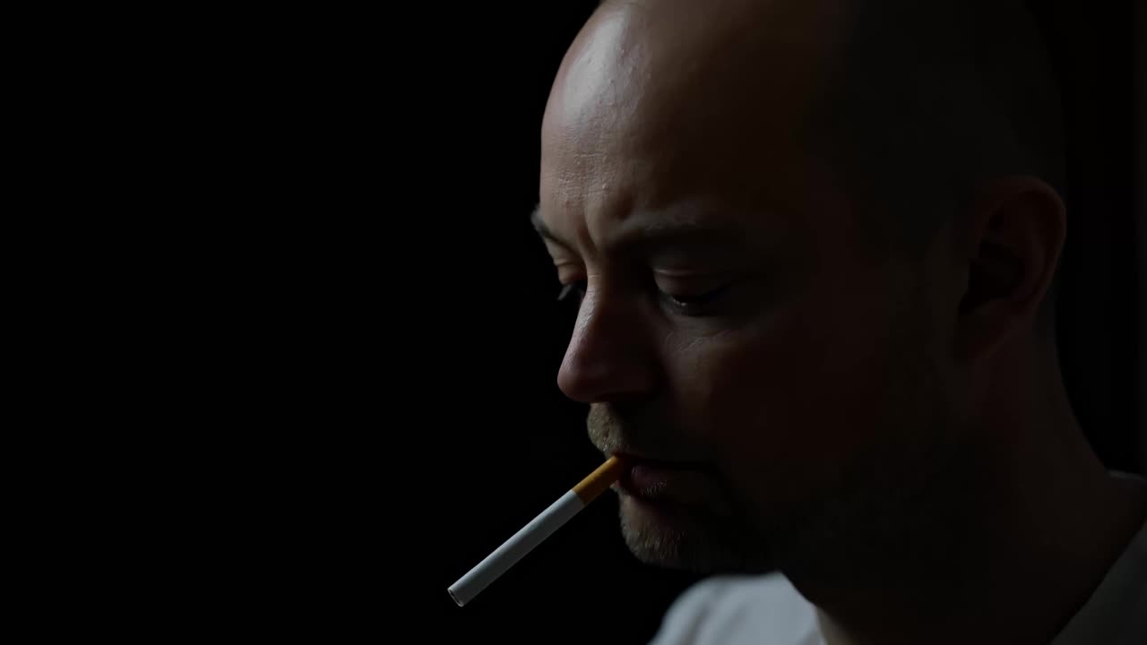 一个男人抽着烟，嘴里吐出烟来。孤立在黑色背景与浅景深的领域。视频下载