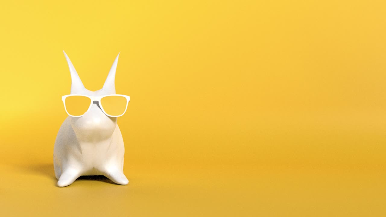 现代复活节兔子戴着一副白色复活节彩蛋在黄色背景4K分辨率的眼镜视频下载