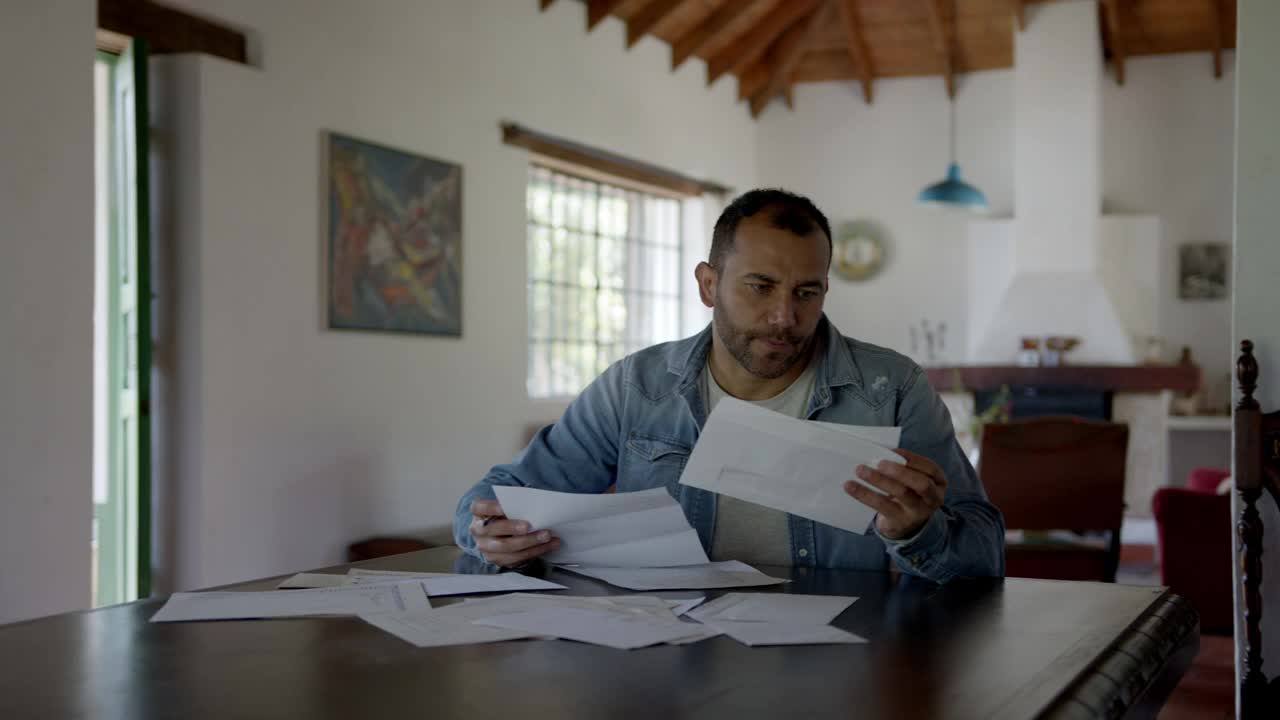 拉丁美洲男子住在农村的房子和组织他的家庭财务，同时看水电帐单视频素材