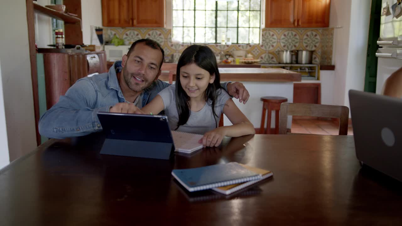 慈爱的父亲在课堂上帮助女儿指着平板电脑解释一些东西- covid-19封锁视频下载