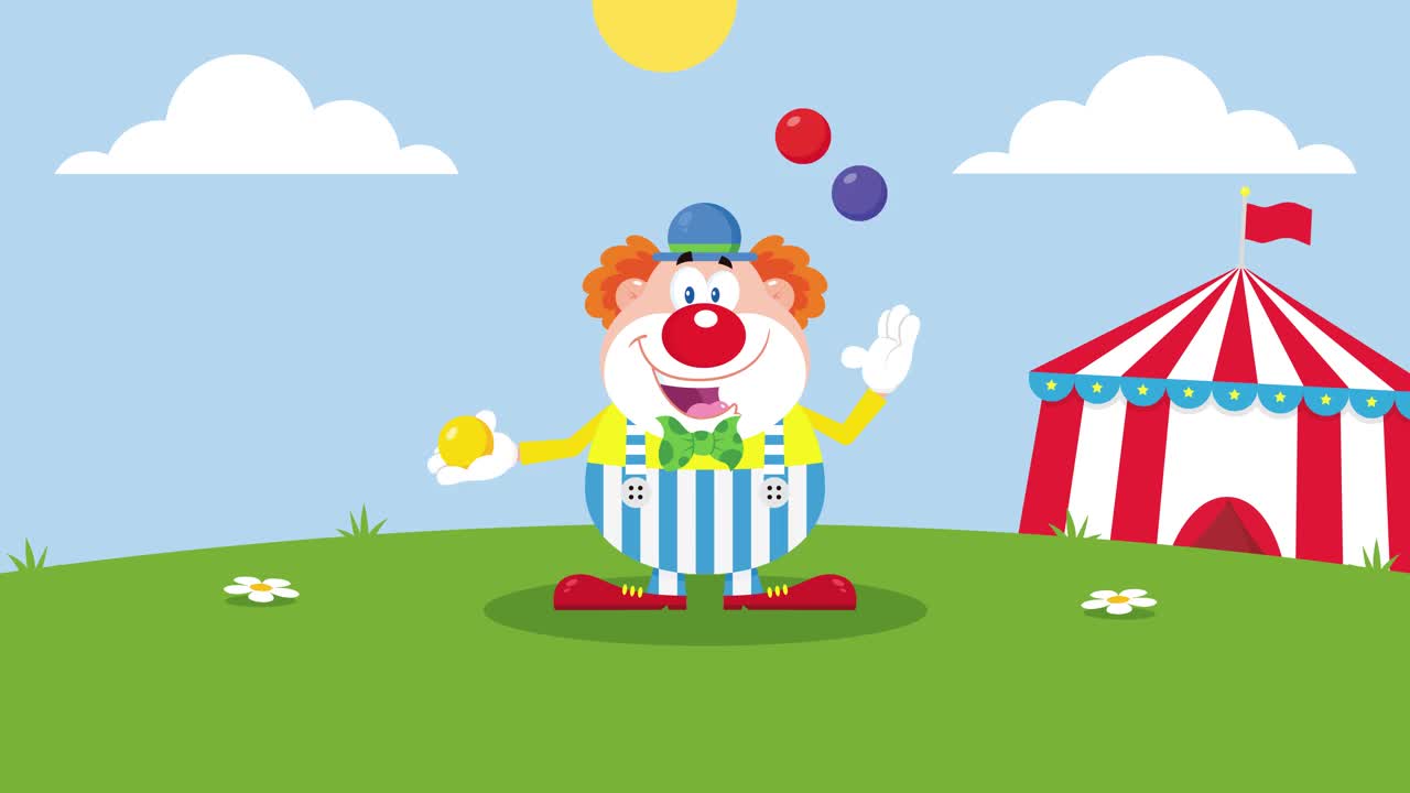 滑稽小丑卡通人物气球和生日蛋糕视频素材