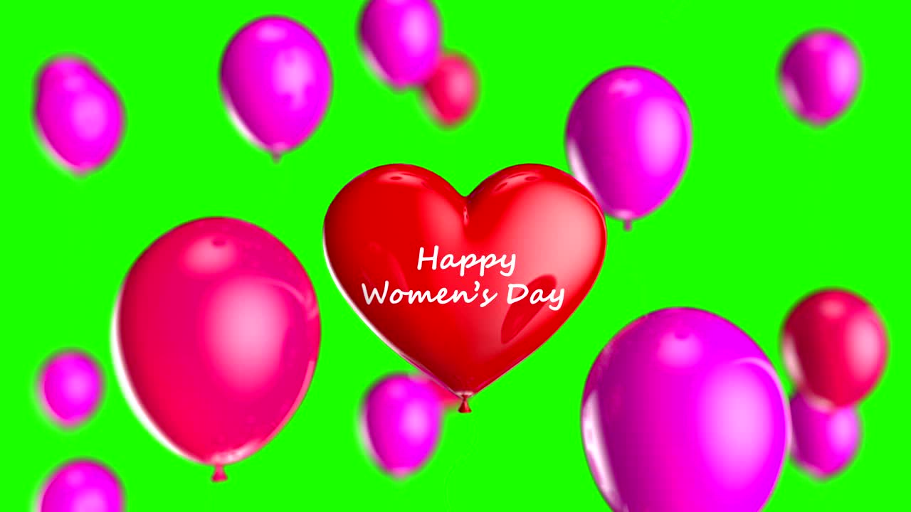 概念与快乐妇女节的心和气球在绿色的背景视频购买