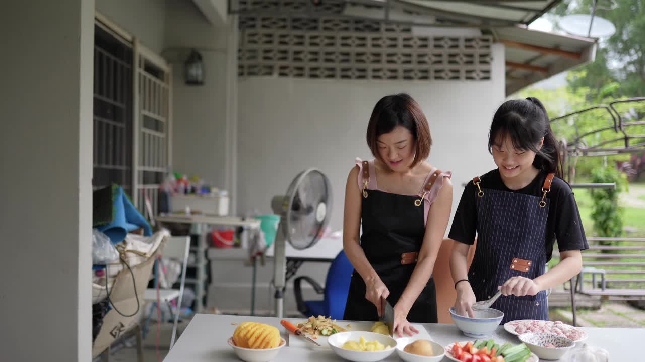 亚裔华人母亲和女儿在后院厨房准备食物。女儿在向母亲学习视频下载