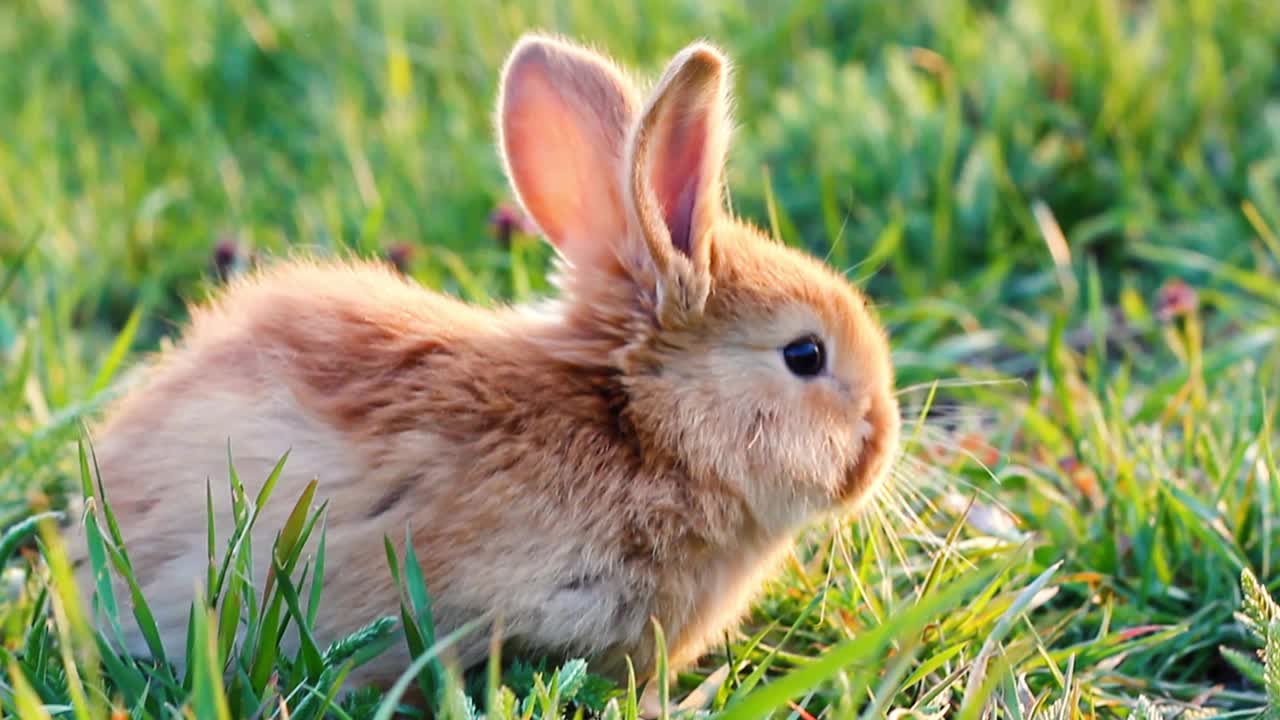 傍晚，在明亮温暖的阳光下，一只毛茸茸的小兔子坐在绿色的草地上，近距离地吃着绿色的小草。复活节兔子视频素材