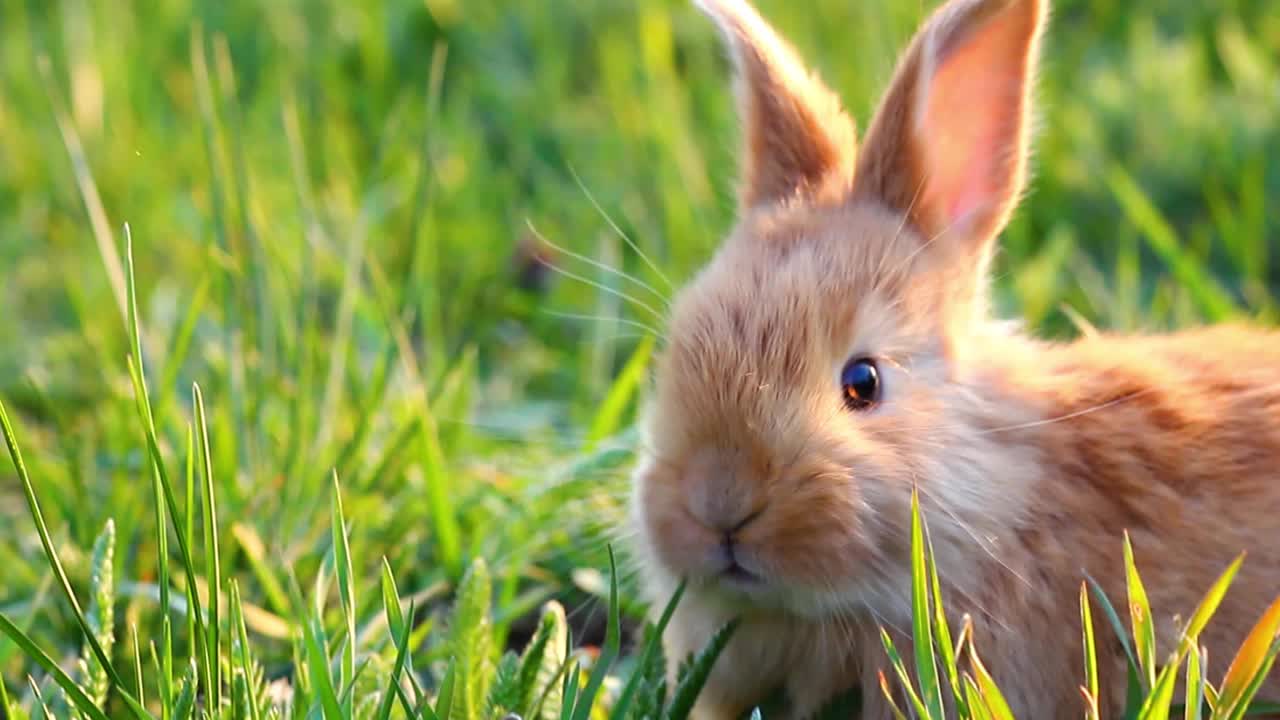 傍晚，在明亮温暖的阳光下，一只毛茸茸的小兔子坐在绿色的草地上，近距离地吃着绿色的小草。复活节兔子视频素材
