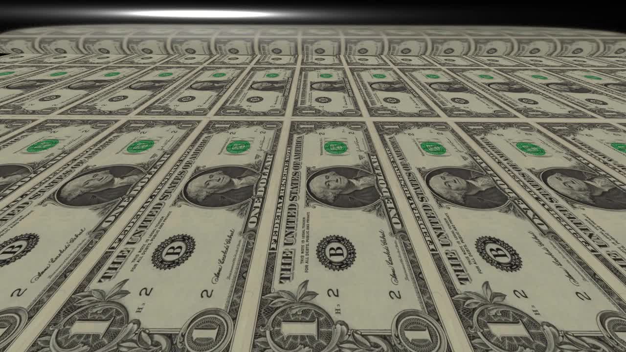 动画概念图像显示一长页的美元纸币通过印刷滚筒在其印刷的最后阶段视频下载