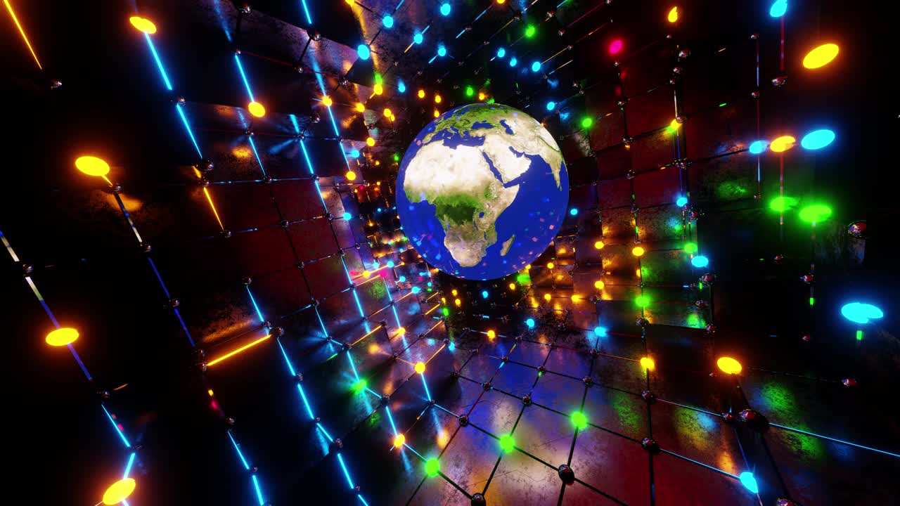 地球通过一个闪烁着五颜六色灯光的霓虹灯隧道飞行。VJ,循环视频素材