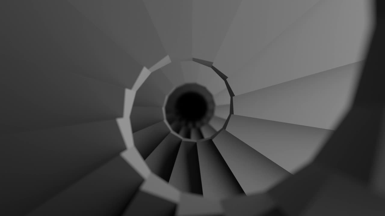 混凝土制成的螺旋楼梯。通往未来的阶梯。无尽的楼梯。迈向成功和发现自我的概念。黑暗的灰色背景。从以上观点。景深。3d动画循环，4K视频下载