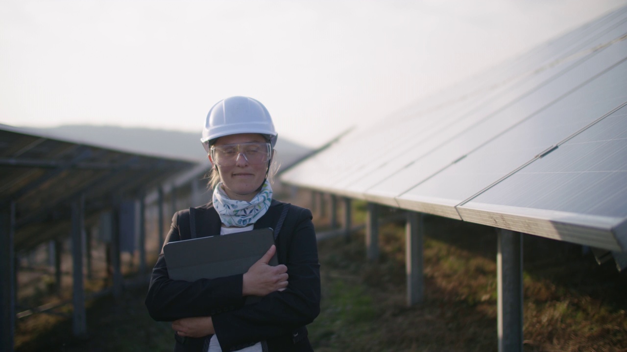可再生能源系统。太阳能电池板。维护工程师在太阳能电站的现场工作肖像。视频素材