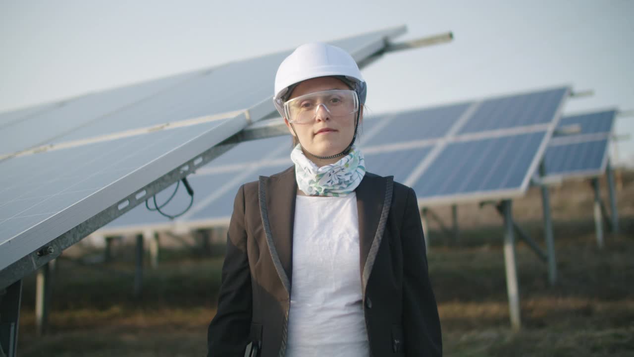 可再生能源系统。太阳能电池板。维护工程师在太阳能电站的现场工作肖像。视频素材